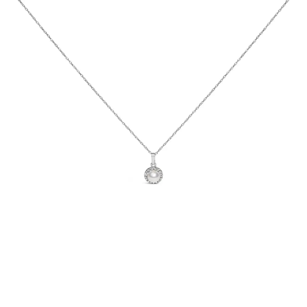 10k white gold 5mm cultured pearl and diamond halo pendant necklace bijoux-nyc direct