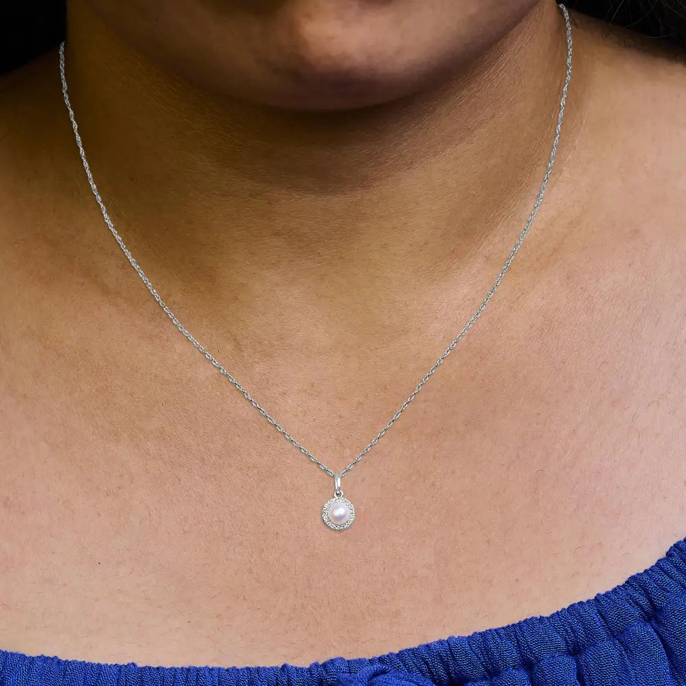 10k white gold 5mm cultured pearl and diamond halo pendant necklace bijoux-nyc direct