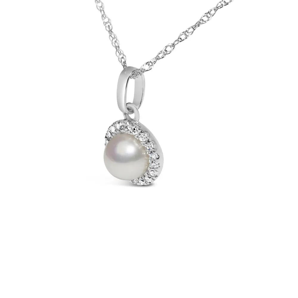 10k white gold 5mm cultured pearl and diamond halo pendant necklace bijoux-nyc direct