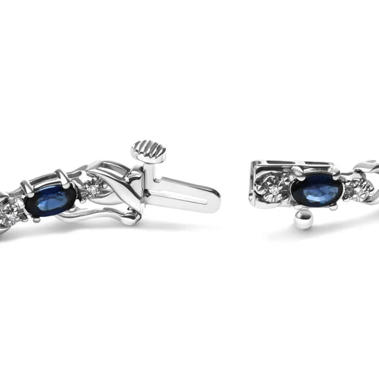 10K White Gold 5x4mm Oval Sapphire Gemstone and 1/10 Cttw Diamond Prong Set "X" Link Bracelet - Size 7" (H-I Color, SI1-SI2 Clarity) - Bijoux-NYC Direct