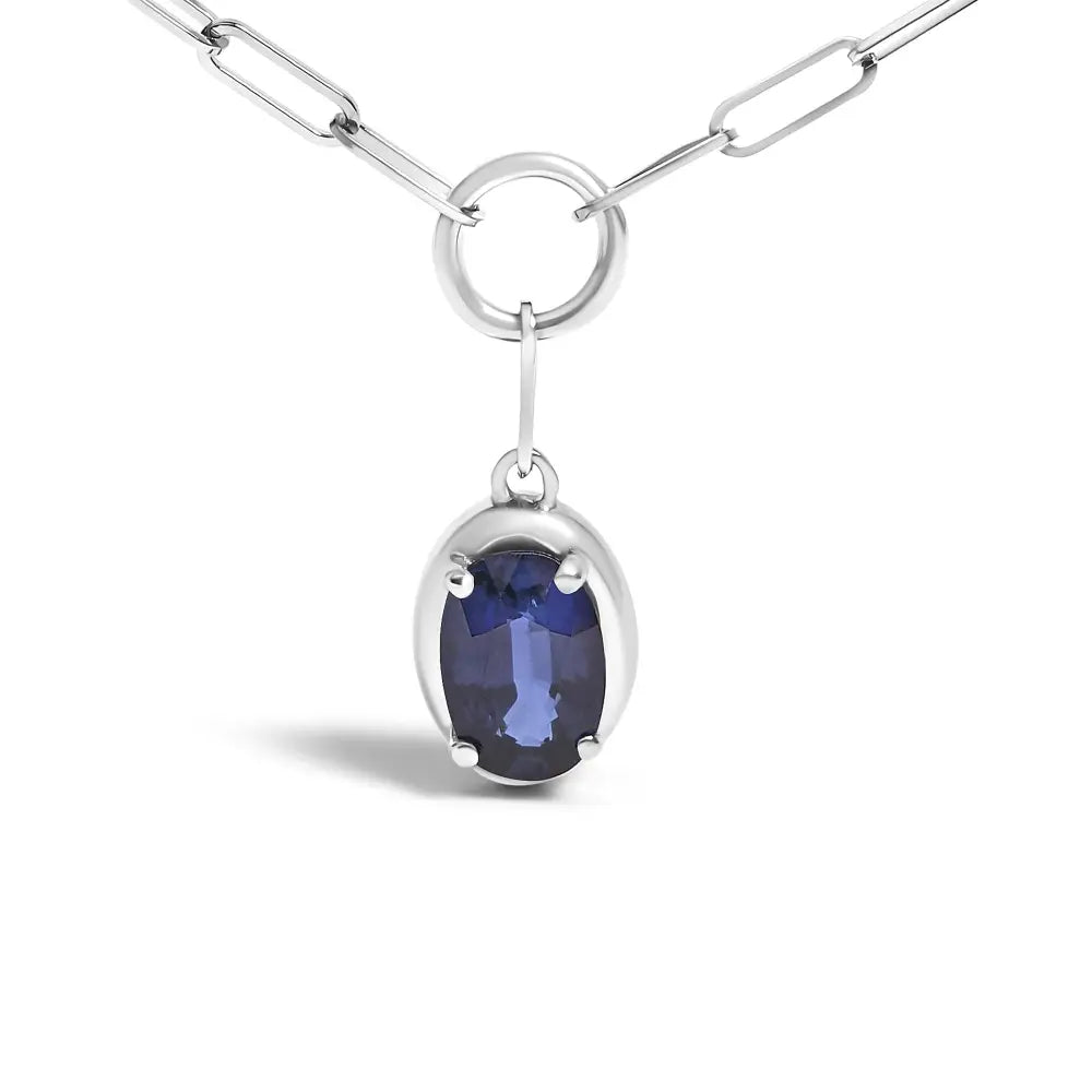Blue sapphire paperclip pendant necklace in 10k white gold 18 inches bijoux-nyc direct