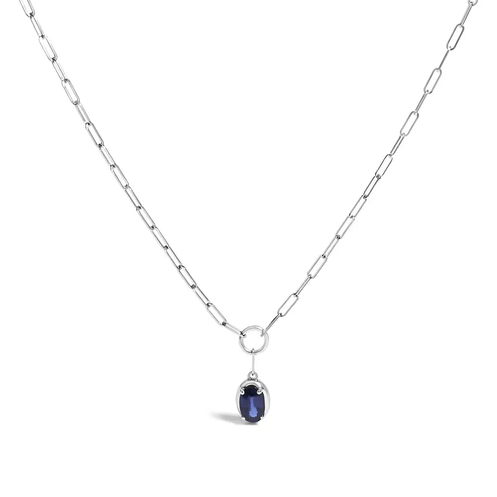 Blue sapphire paperclip pendant necklace in 10k white gold 18 inches bijoux-nyc direct