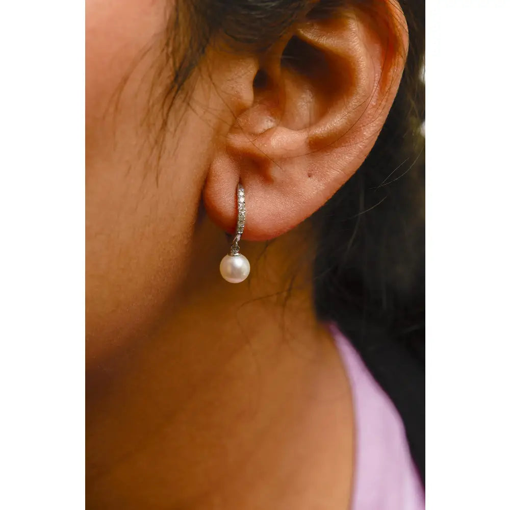 Freshwater pearl & diamond drop huggy earrings in 10k white gold bijoux-nyc direct