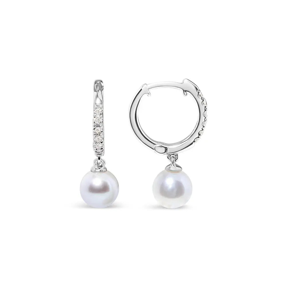 10K White Gold 6x6 MM Cultured Freshwater Pearl and Diamond Accent Drop Huggy Earring (H-I Color, I1-I2 Clarity) - Bijoux-NYC Direct