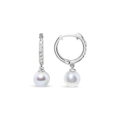 10K White Gold 6x6 MM Cultured Freshwater Pearl and Diamond Accent Drop Huggy Earring (H-I Color, I1-I2 Clarity) - Bijoux-NYC Direct