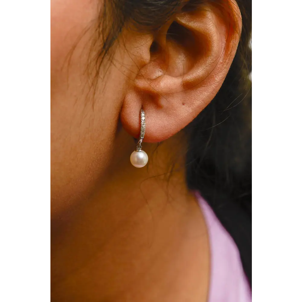 10K White Gold 6x6 MM Cultured Freshwater Pearl and Diamond Accent Drop Huggy Earring (H-I Color, I1-I2 Clarity) - Bijoux-NYC Direct
