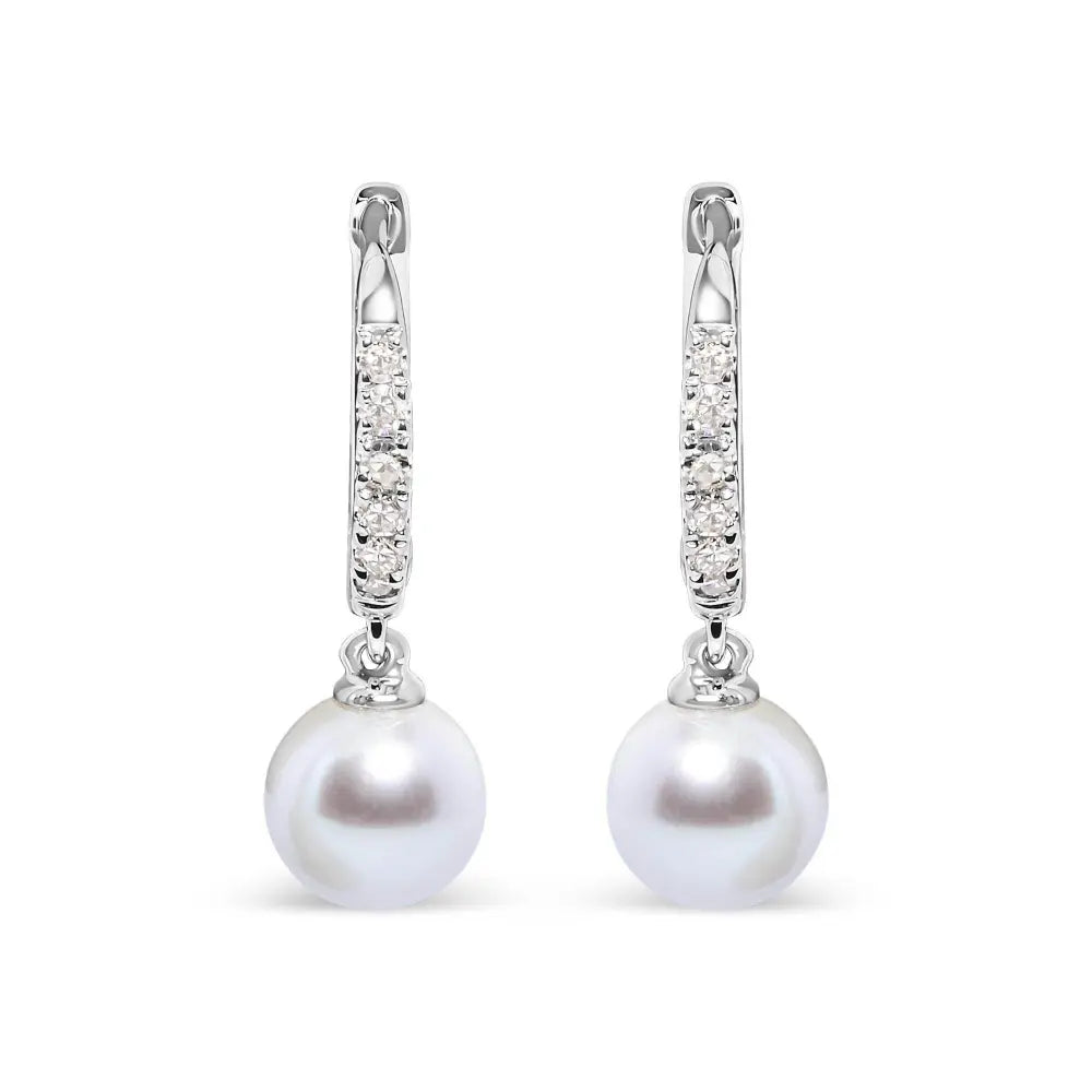 10K White Gold 6x6 MM Cultured Freshwater Pearl and Diamond Accent Drop Huggy Earring (H-I Color, I1-I2 Clarity) - Bijoux-NYC Direct