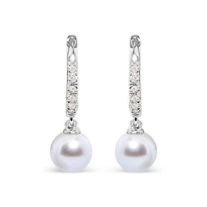 10K White Gold 6x6 MM Cultured Freshwater Pearl and Diamond Accent Drop Huggy Earring (H-I Color, I1-I2 Clarity) - Bijoux-NYC Direct