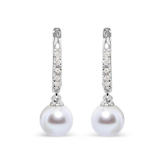 10K White Gold 6x6 MM Cultured Freshwater Pearl and Diamond Accent Drop Huggy Earring (H-I Color, I1-I2 Clarity) - Bijoux-NYC Direct