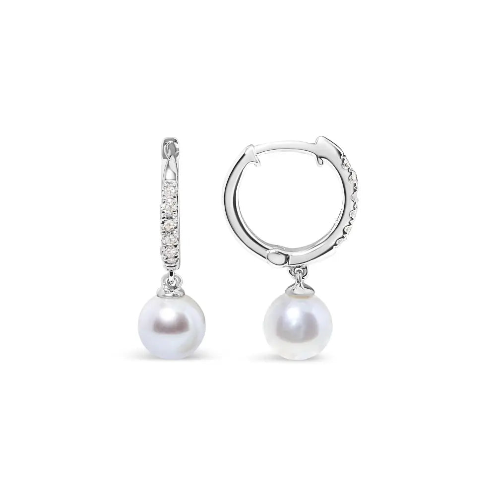 Freshwater pearl & diamond drop huggy earrings in 10k white gold bijoux-nyc direct