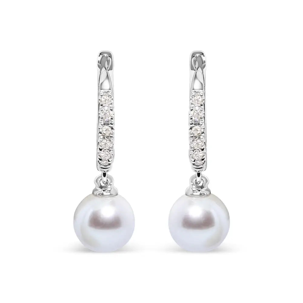 Freshwater pearl & diamond drop huggy earrings in 10k white gold bijoux-nyc direct