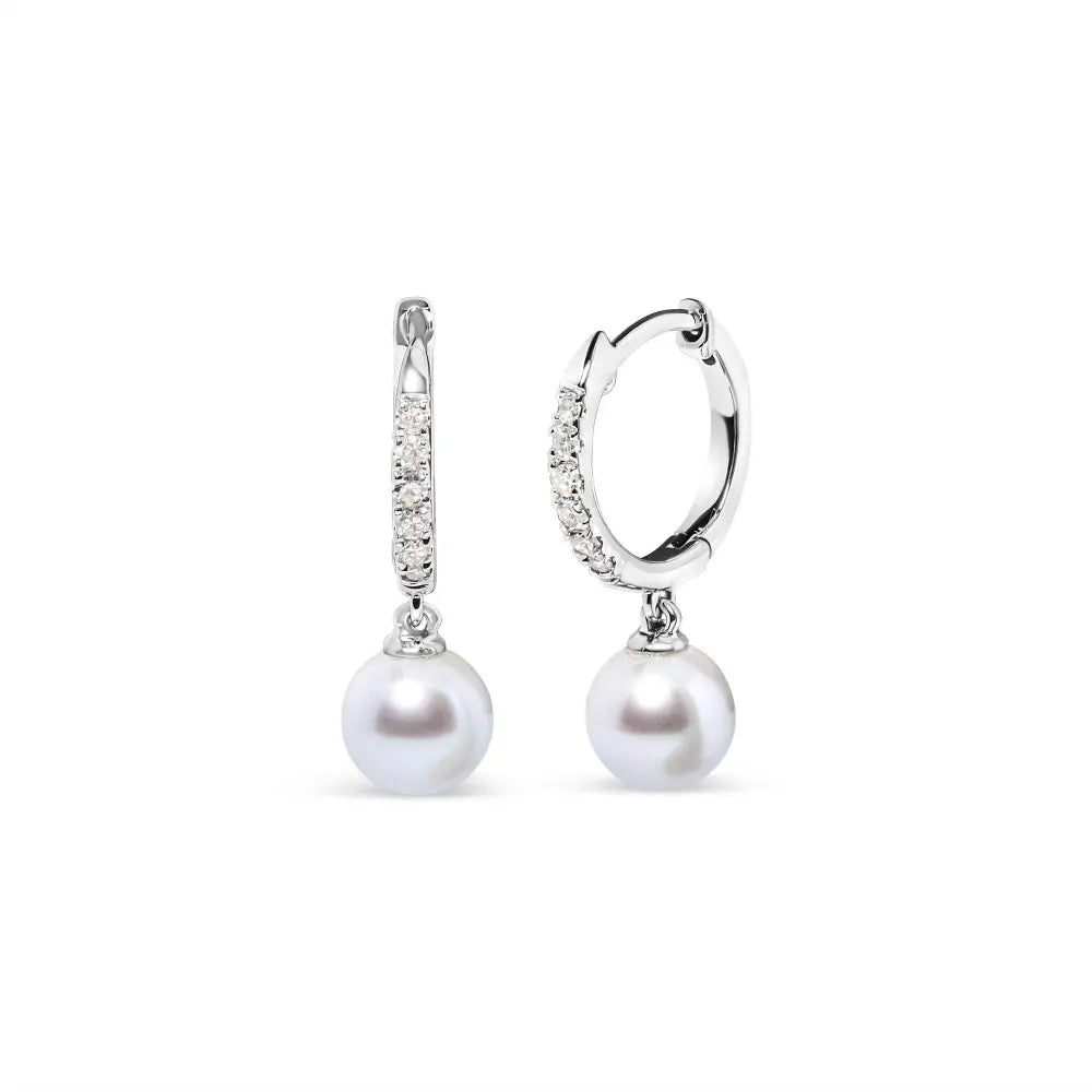 10K White Gold 6x6 MM Cultured Freshwater Pearl and Diamond Accent Drop Huggy Earring (H-I Color, I1-I2 Clarity) - Bijoux-NYC Direct