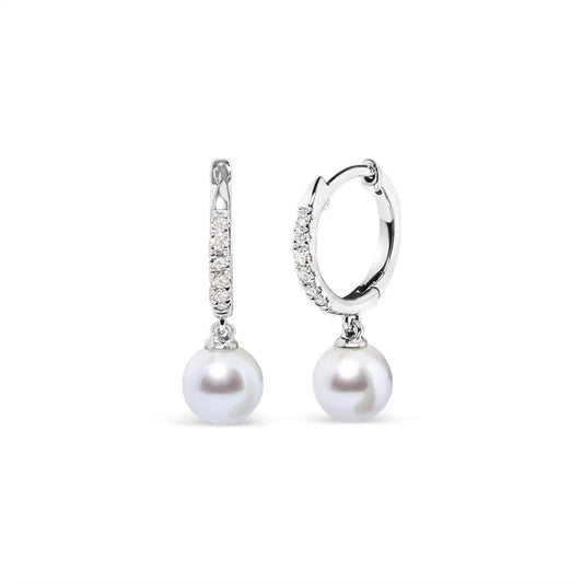 10K White Gold 6x6 MM Cultured Freshwater Pearl and Diamond Accent Drop Huggy Earring (H-I Color, I1-I2 Clarity) - Bijoux-NYC Direct