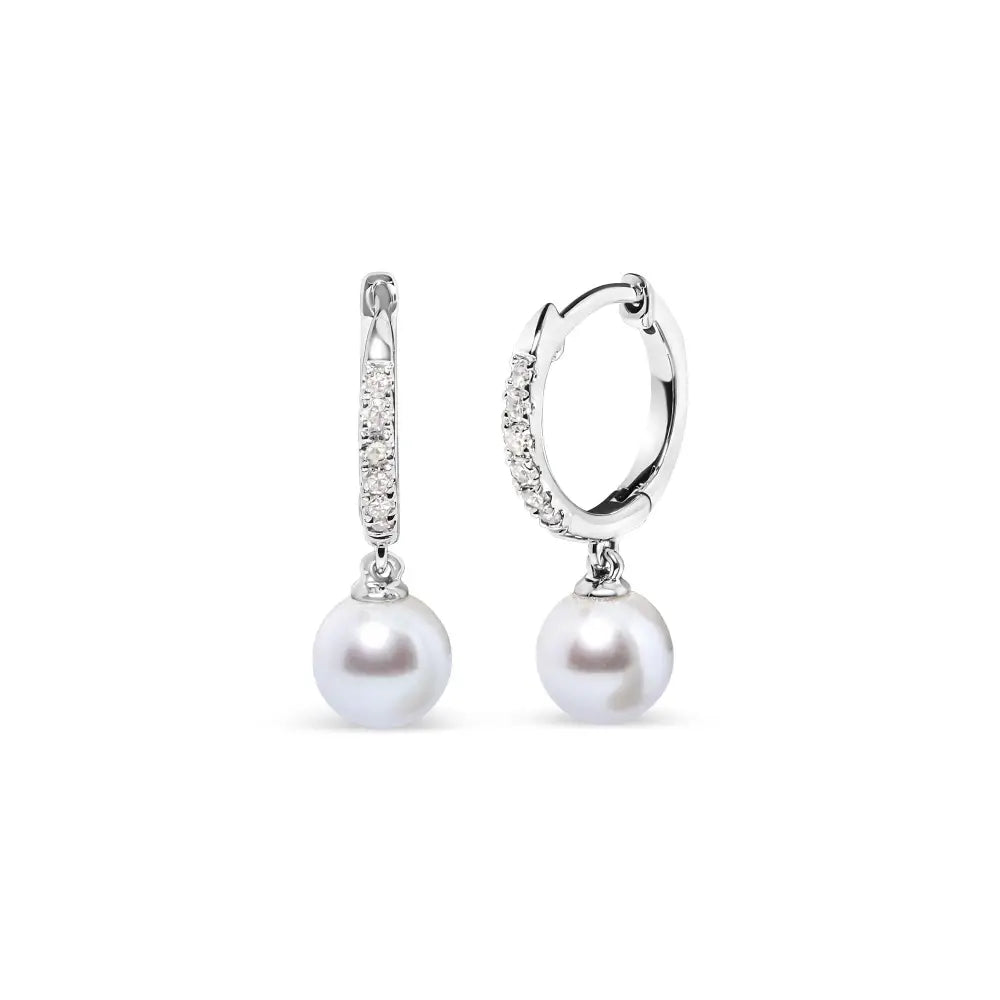 Freshwater pearl & diamond drop huggy earrings in 10k white gold bijoux-nyc direct