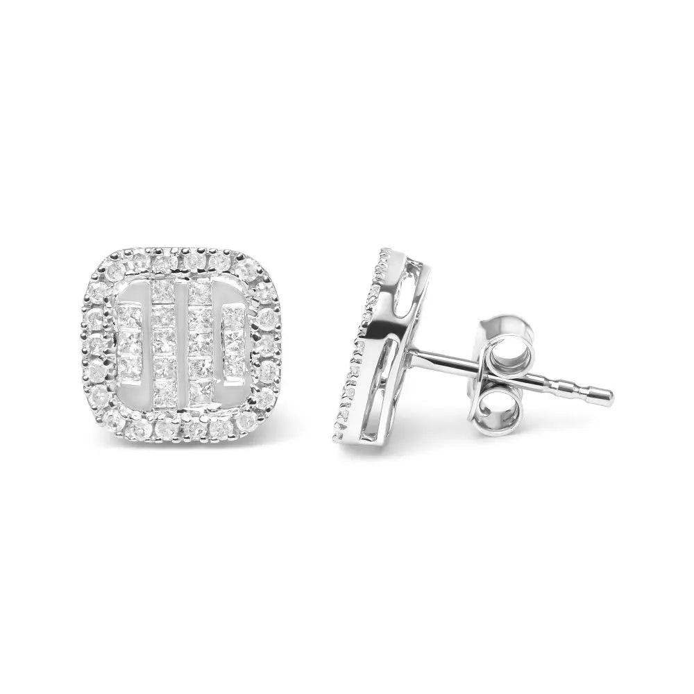 7/8 cttw princess diamond halo composite stud earrings in 10k white gold bijoux-nyc direct