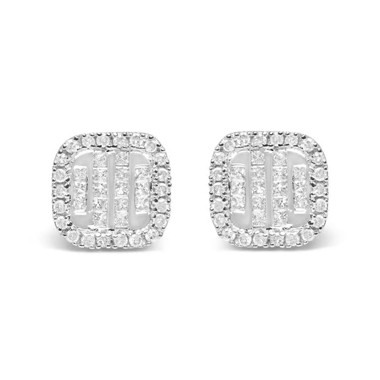 10K White Gold 7/8 Cttw Diamond Princess Composite and Halo Stud Earrings (I-J Color, I1-I2 Clarity) - Bijoux-NYC Direct