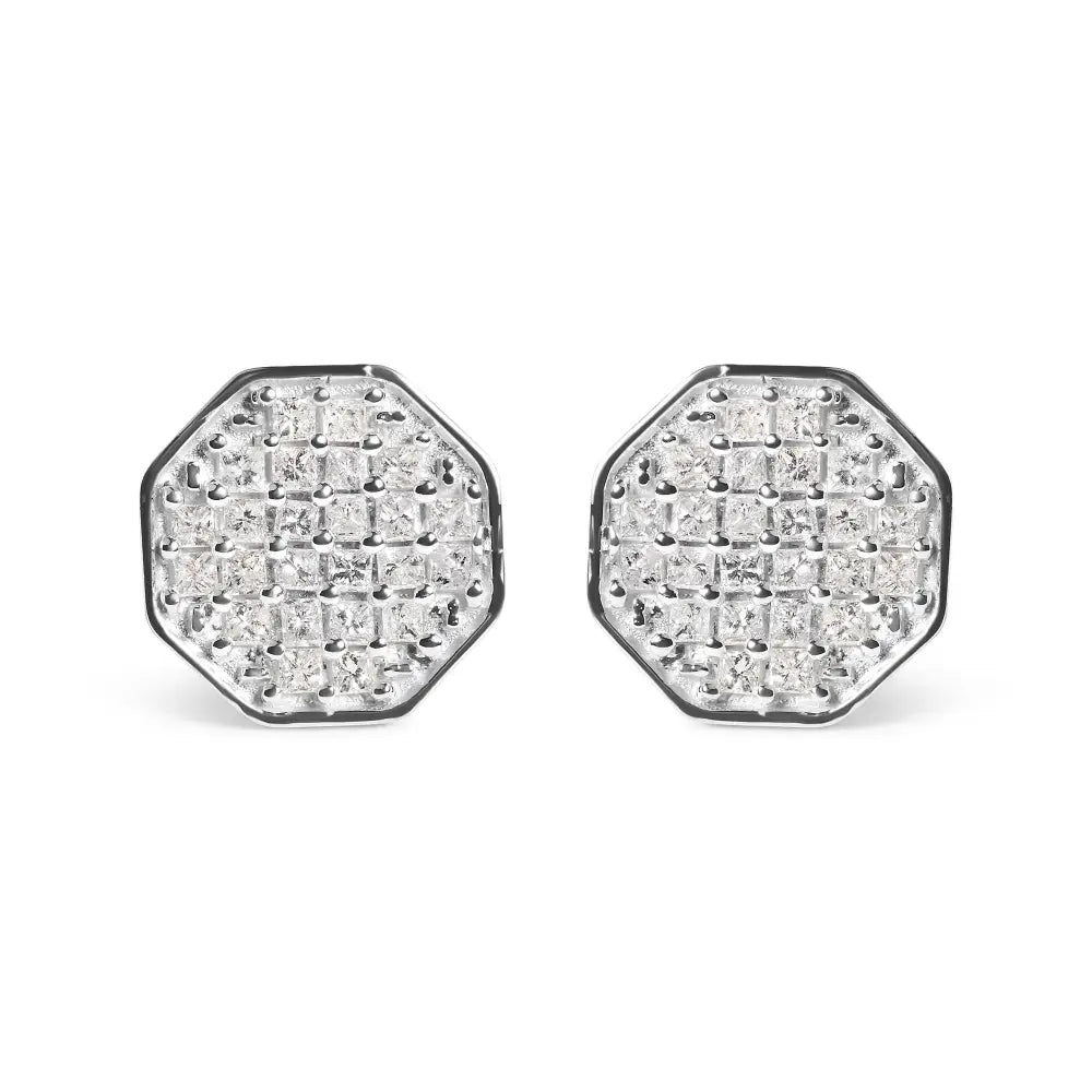 Princess diamond octagon composite stud earrings in 10k white gold 7/8 cttw bijoux-nyc direct