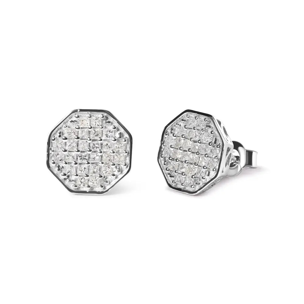 Princess diamond octagon composite stud earrings in 10k white gold 7/8 cttw bijoux-nyc direct