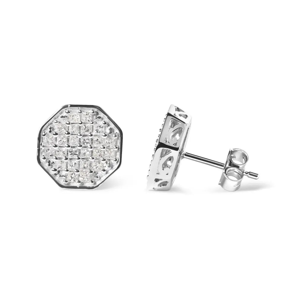Princess diamond octagon composite stud earrings in 10k white gold 7/8 cttw bijoux-nyc direct