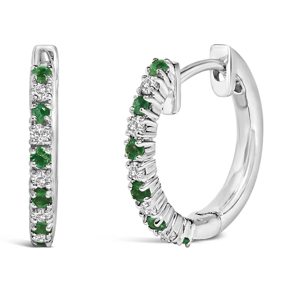 10K White Gold Alternating Emerald 1/10 Cttw Diamond Huggy Hoop Earrings (I-J Color, I1-I2 Clarity) - Bijoux-NYC Direct