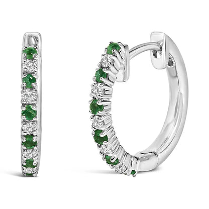 10K White Gold Alternating Emerald 1/10 Cttw Diamond Huggy Hoop Earrings (I-J Color, I1-I2 Clarity) - Bijoux-NYC Direct