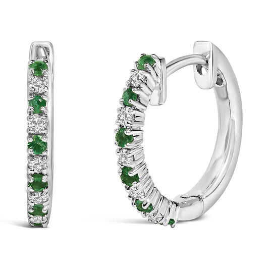 10K White Gold Alternating Emerald 1/10 Cttw Diamond Huggy Hoop Earrings (I-J Color, I1-I2 Clarity) - Bijoux-NYC Direct