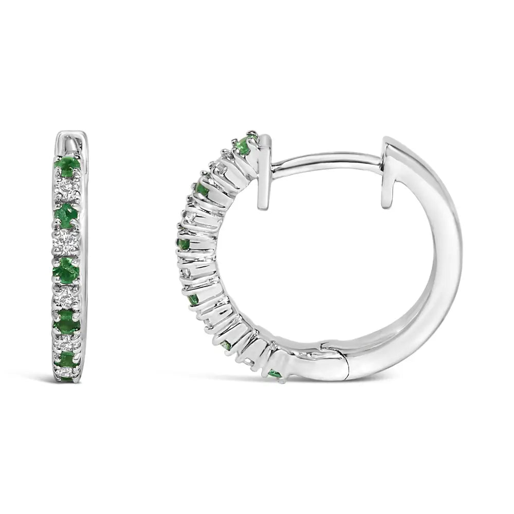 Emerald and diamond huggy hoop earrings in 10k white gold bijoux-nyc direct