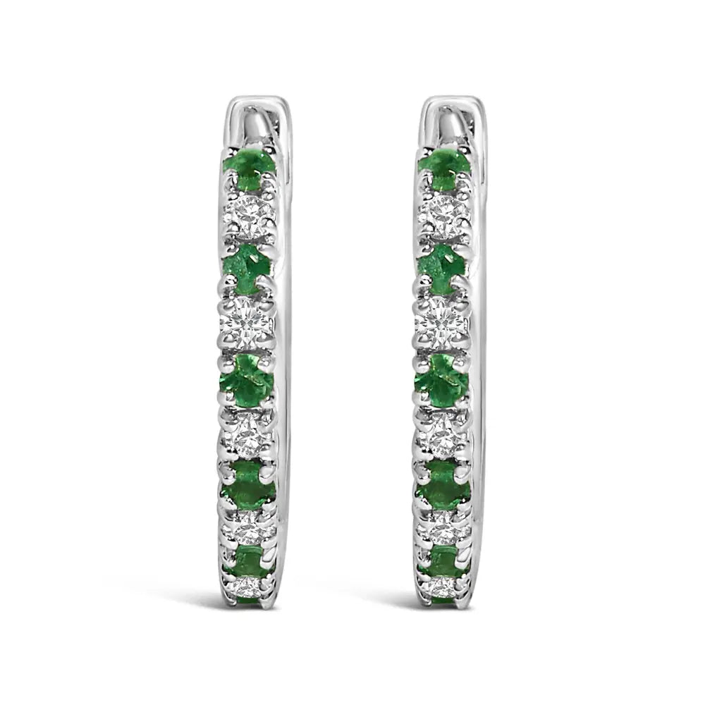 10K White Gold Alternating Emerald 1/10 Cttw Diamond Huggy Hoop Earrings (I-J Color, I1-I2 Clarity) - Bijoux-NYC Direct