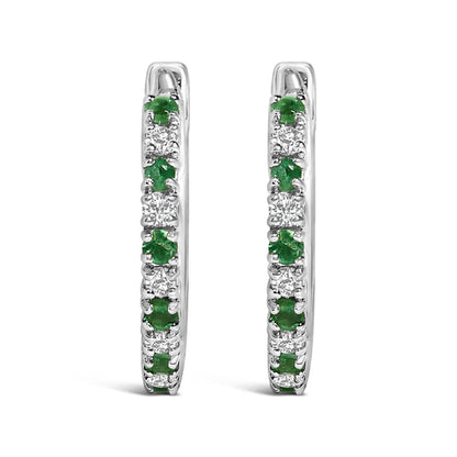 10K White Gold Alternating Emerald 1/10 Cttw Diamond Huggy Hoop Earrings (I-J Color, I1-I2 Clarity) - Bijoux-NYC Direct