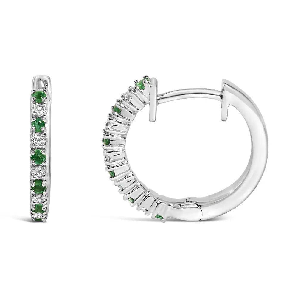 10K White Gold Alternating Emerald 1/10 Cttw Diamond Huggy Hoop Earrings (I-J Color, I1-I2 Clarity) - Bijoux-NYC Direct