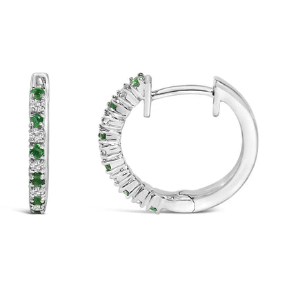 10K White Gold Alternating Emerald 1/10 Cttw Diamond Huggy Hoop Earrings (I-J Color, I1-I2 Clarity) - Bijoux-NYC Direct