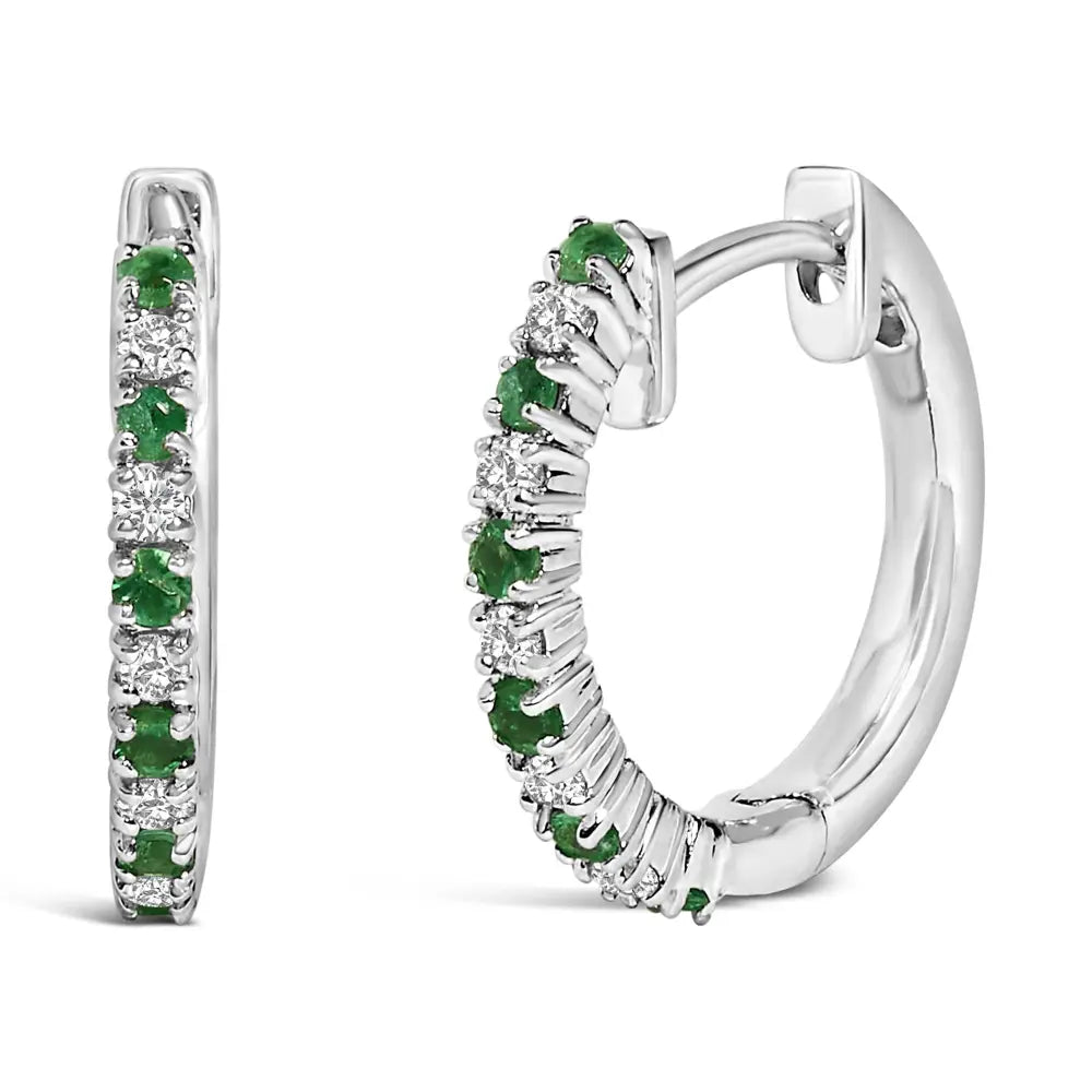 Emerald and diamond huggy hoop earrings in 10k white gold bijoux-nyc direct