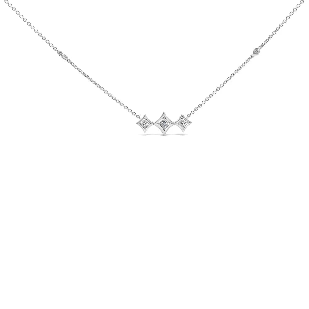 10k white gold bezel set princess diamond 3 stone kite shape and station necklace (h i color si2 i1 clarity) 18’’ inches