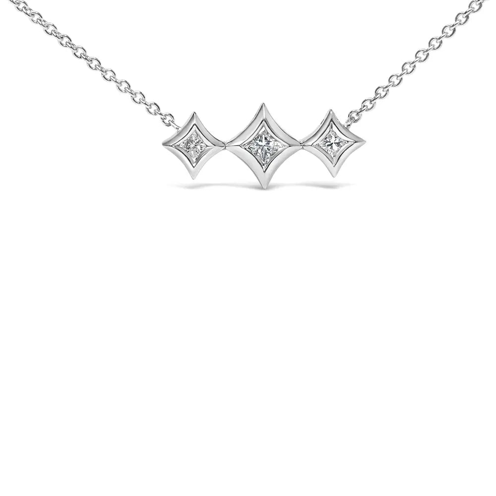 10k white gold bezel set princess diamond 3 stone kite shape and station necklace (h i color si2 i1 clarity) 18’’ inches