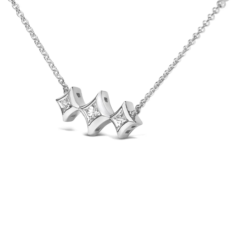 10k white gold bezel set princess diamond 3 stone kite shape and station necklace (h i color si2 i1 clarity) 18’’ inches