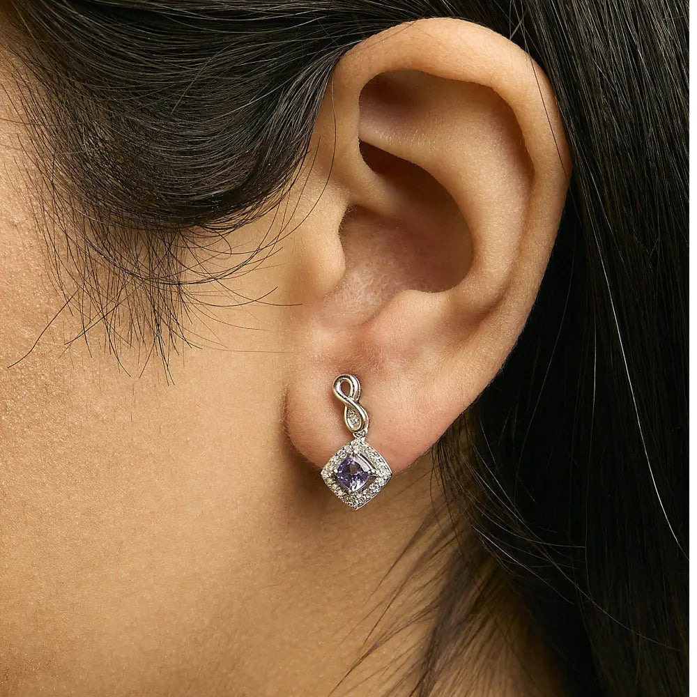 10K White Gold Blue Purple Tanzanite and Diamond Halo Cushion Shaped Drop Earrings (I-J Color, I1-I2 Clarity) - Bijoux-NYC Direct