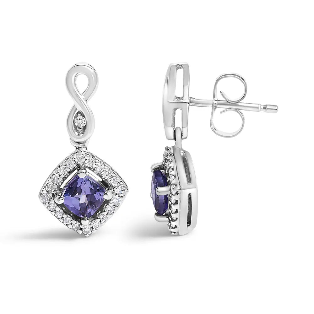 10K White Gold Blue Purple Tanzanite and Diamond Halo Cushion Shaped Drop Earrings (I-J Color, I1-I2 Clarity) - Bijoux-NYC Direct