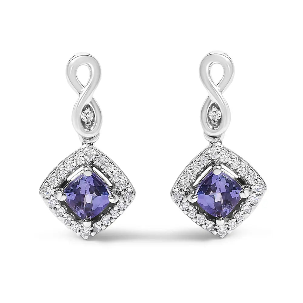 10K White Gold Blue Purple Tanzanite and Diamond Halo Cushion Shaped Drop Earrings (I-J Color, I1-I2 Clarity) - Bijoux-NYC Direct