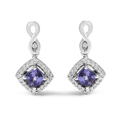 10K White Gold Blue Purple Tanzanite and Diamond Halo Cushion Shaped Drop Earrings (I-J Color, I1-I2 Clarity) - Bijoux-NYC Direct
