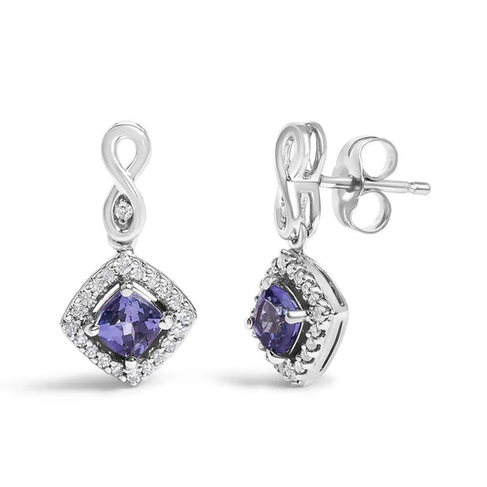 10K White Gold Blue Purple Tanzanite and Diamond Halo Cushion Shaped Drop Earrings (I-J Color, I1-I2 Clarity) - Bijoux-NYC Direct