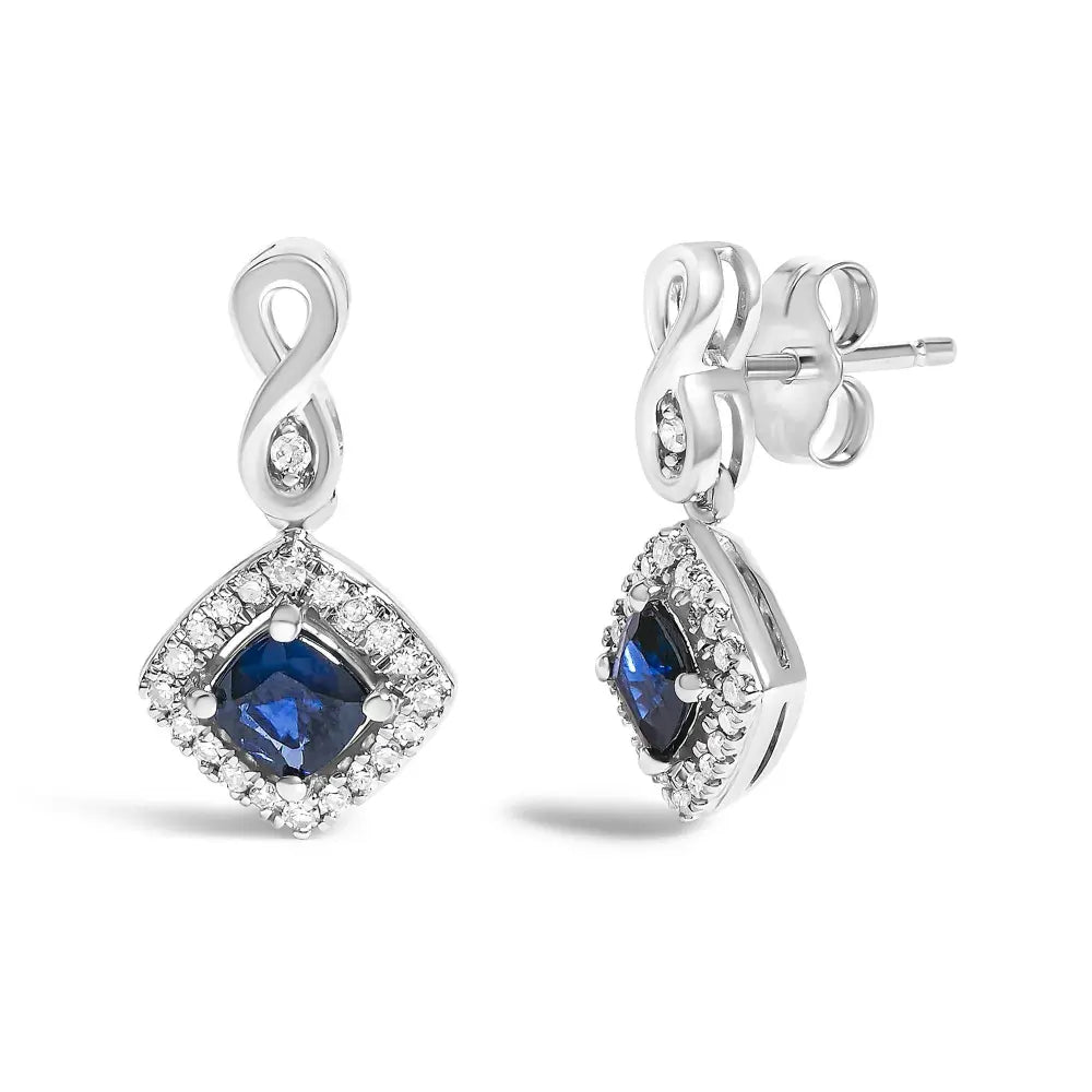 10K White Gold Blue Sapphire and Diamond Halo Cushion Shaped Drop Earrings (I-J Color, I1-I2 Clarity) - Bijoux-NYC Direct
