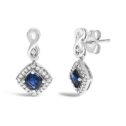 10K White Gold Blue Sapphire and Diamond Halo Cushion Shaped Drop Earrings (I-J Color, I1-I2 Clarity) - Bijoux-NYC Direct