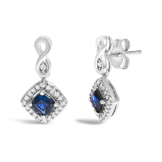 10K White Gold Blue Sapphire and Diamond Halo Cushion Shaped Drop Earrings (I-J Color, I1-I2 Clarity) - Bijoux-NYC Direct