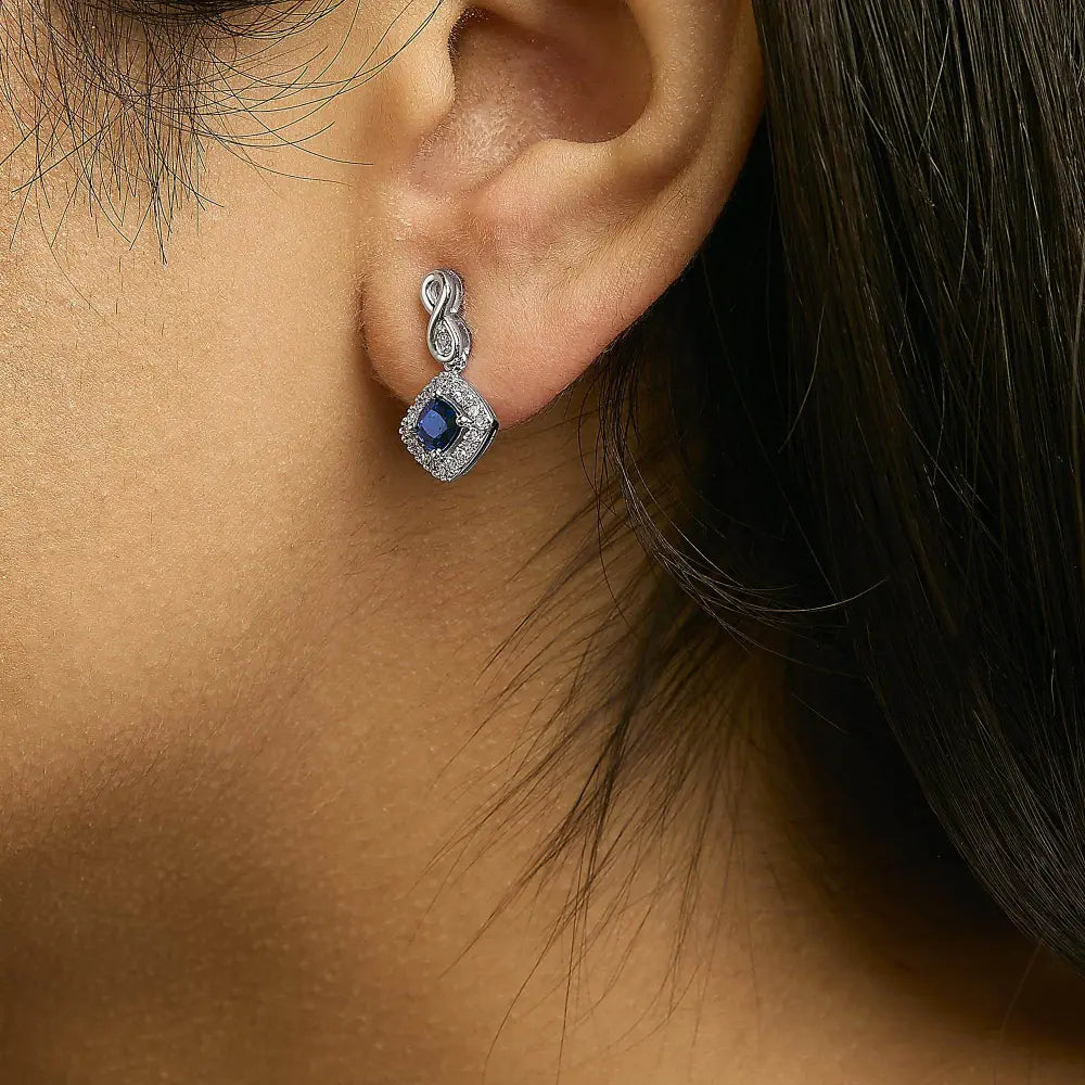 10K White Gold Blue Sapphire and Diamond Halo Cushion Shaped Drop Earrings (I-J Color, I1-I2 Clarity) - Bijoux-NYC Direct