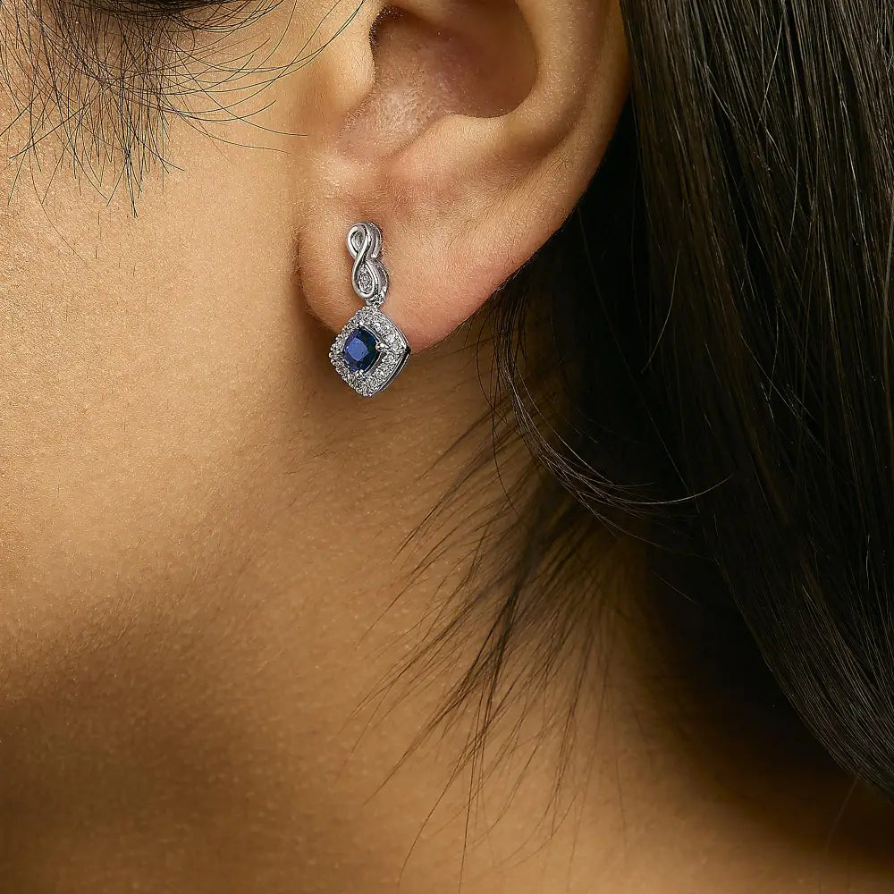10k white gold blue sapphire and diamond cushion halo drop earrings bijoux-nyc direct