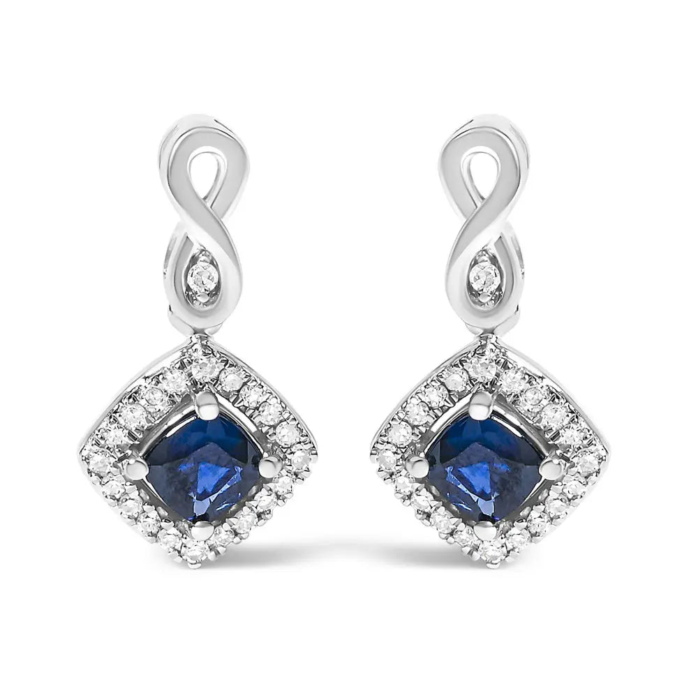 10K White Gold Blue Sapphire and Diamond Halo Cushion Shaped Drop Earrings (I-J Color, I1-I2 Clarity) - Bijoux-NYC Direct