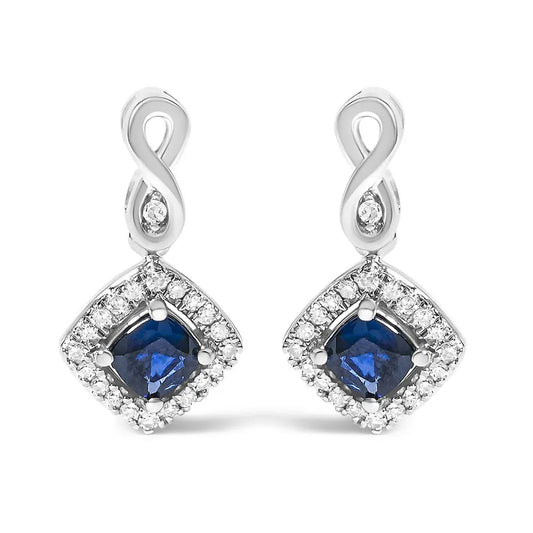 10K White Gold Blue Sapphire and Diamond Halo Cushion Shaped Drop Earrings (I-J Color, I1-I2 Clarity) - Bijoux-NYC Direct