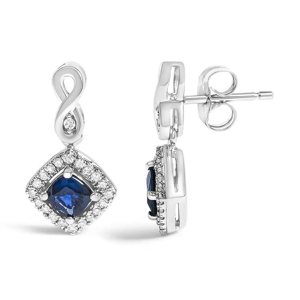 10K White Gold Blue Sapphire and Diamond Halo Cushion Shaped Drop Earrings (I-J Color, I1-I2 Clarity) - Bijoux-NYC Direct