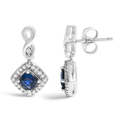 10K White Gold Blue Sapphire and Diamond Halo Cushion Shaped Drop Earrings (I-J Color, I1-I2 Clarity) - Bijoux-NYC Direct