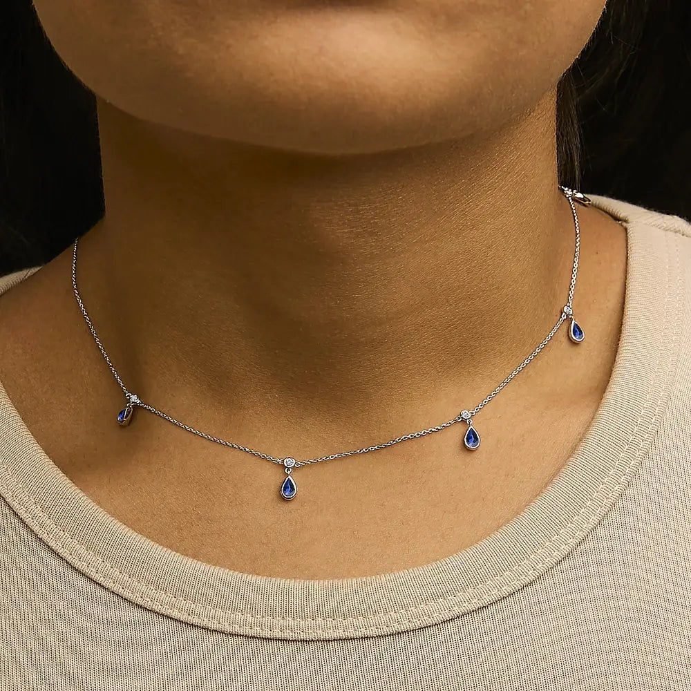 Pear blue sapphire and diamond station necklace in 10k white gold 18 bijoux-nyc direct